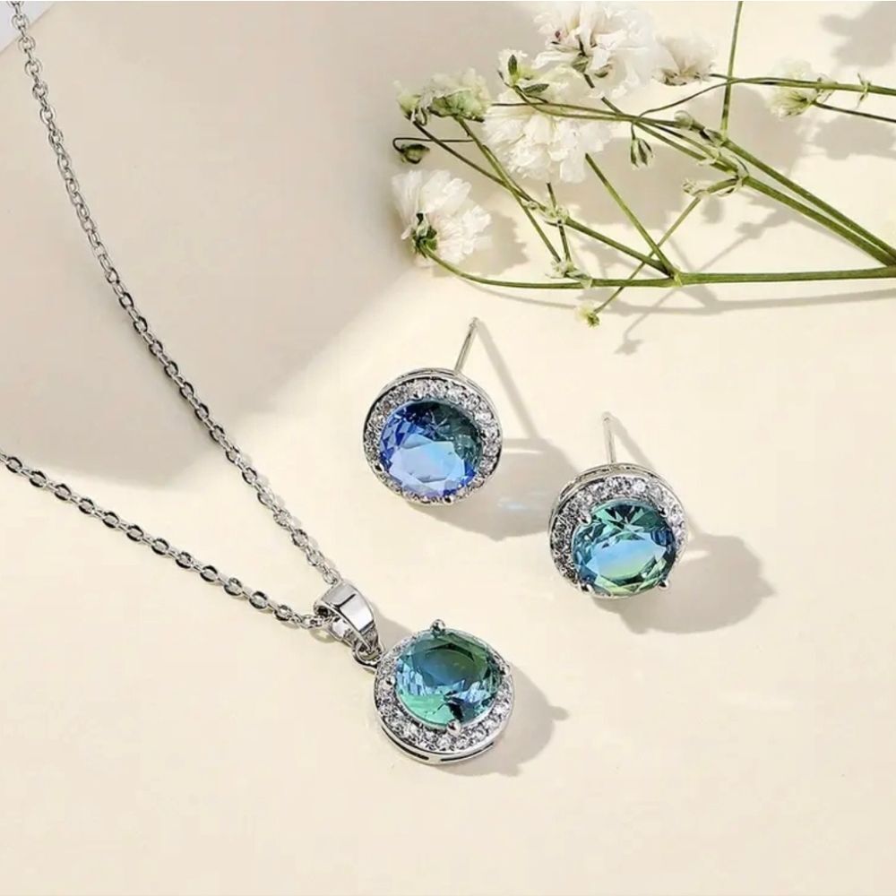 Silver Blue Green Ombre Diamond Necklace with Matching Earrings